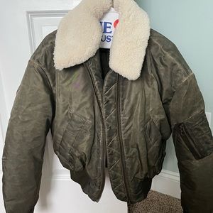 Zara NWT aviator bomber distressed jacket coat fur collar army green size small